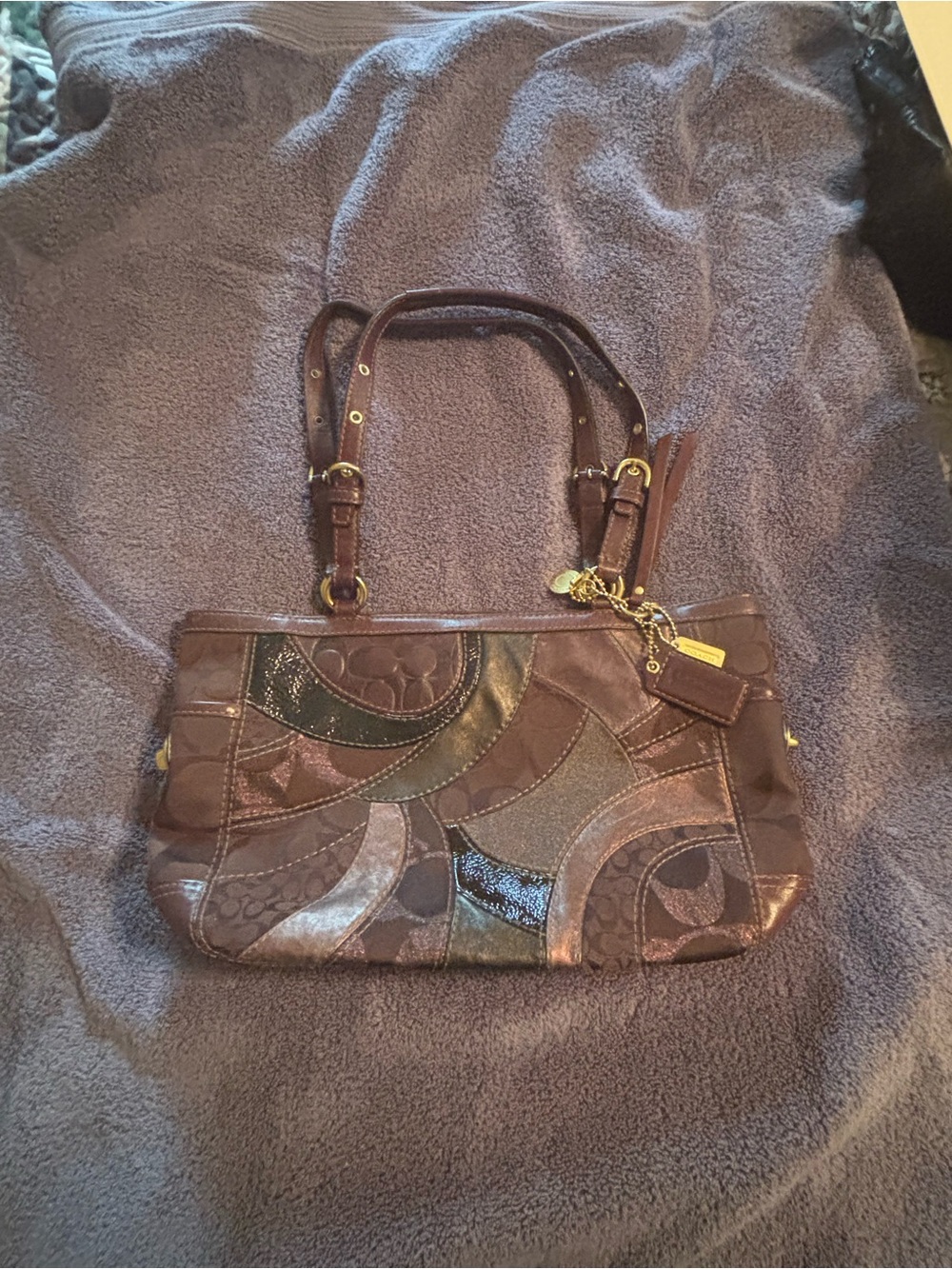 Coach Brown Patchwork Shoulder Bag with Gold Hardware